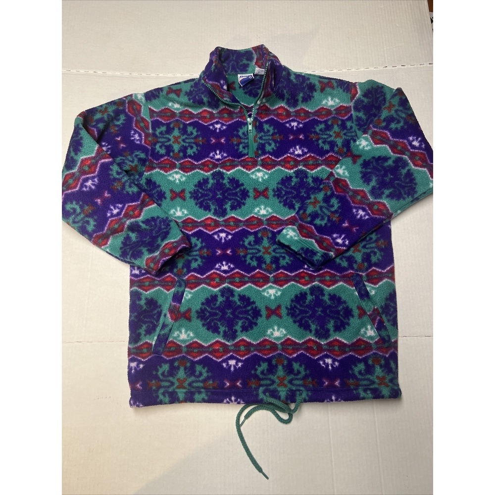 Bike 1/4 Zip Fleece Pullover Sweater Womens SM Colorful Drawstring Waist Vintage